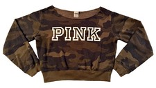 PINK Camo Logo Crop Fleece Crewneck Pullover Sweatshirt-Green Black-Size S
