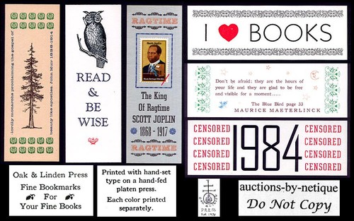 Fine Letterpress Bookmarks John Muir Owl Scott Joplin I Love BKs Blue Bird 1984