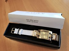 NEW IN BOX AVON 2010 RECTANGLE DIAL CHIC WHITE STRAP UNISEX GOLD TONE WATCH 7-8"
