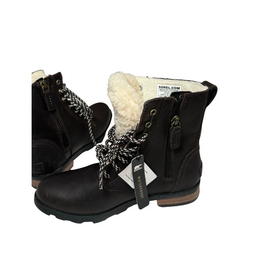 SOREL Emelie Genuine Shearling Lined Short Lace COZY Boots DARK BROWN 6.5 NEW - Picture 9 of 11