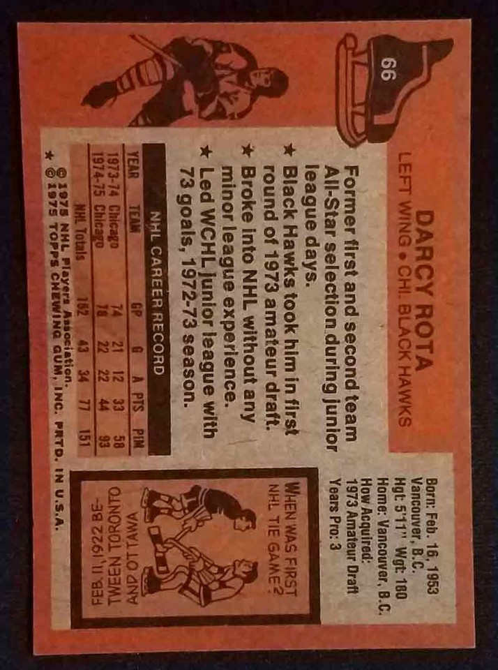 1975-76 Topps #66 Darcy Rota Chicago Blackhawks NR-MINT++ | eBay
