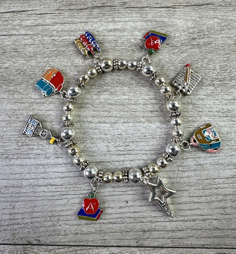 Vtg Teacher Back To School Charm Stretch Bracelet Apple Books Star Crayons