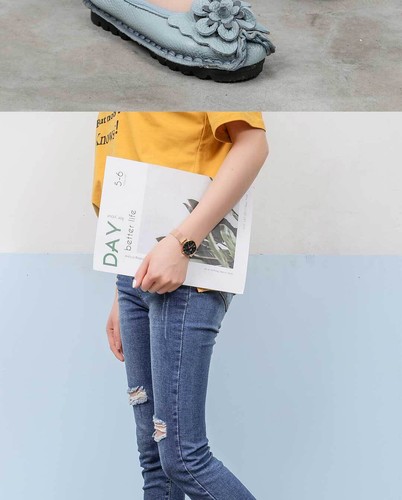 Zapatos mocasines planos de cuero con flores para mujer sin cordones étnicos retro Gommino conducir - Imagen 18 de 29