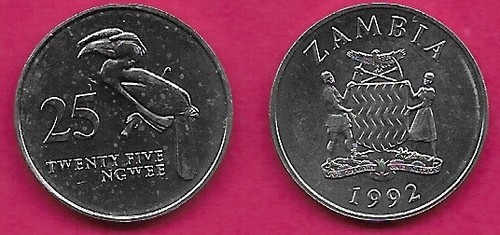 ZAMBIA 25 NGWEE 1992 UNC 1 YEAR TYPE,CROWNED HORNBILL,NATIONAL ARMS WITH SUPPORT - 第 1/1 張圖片