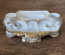 Antique Vintage Old Paris Porcelain Inkwell Sander Inkstand Gold Gilded Rococo