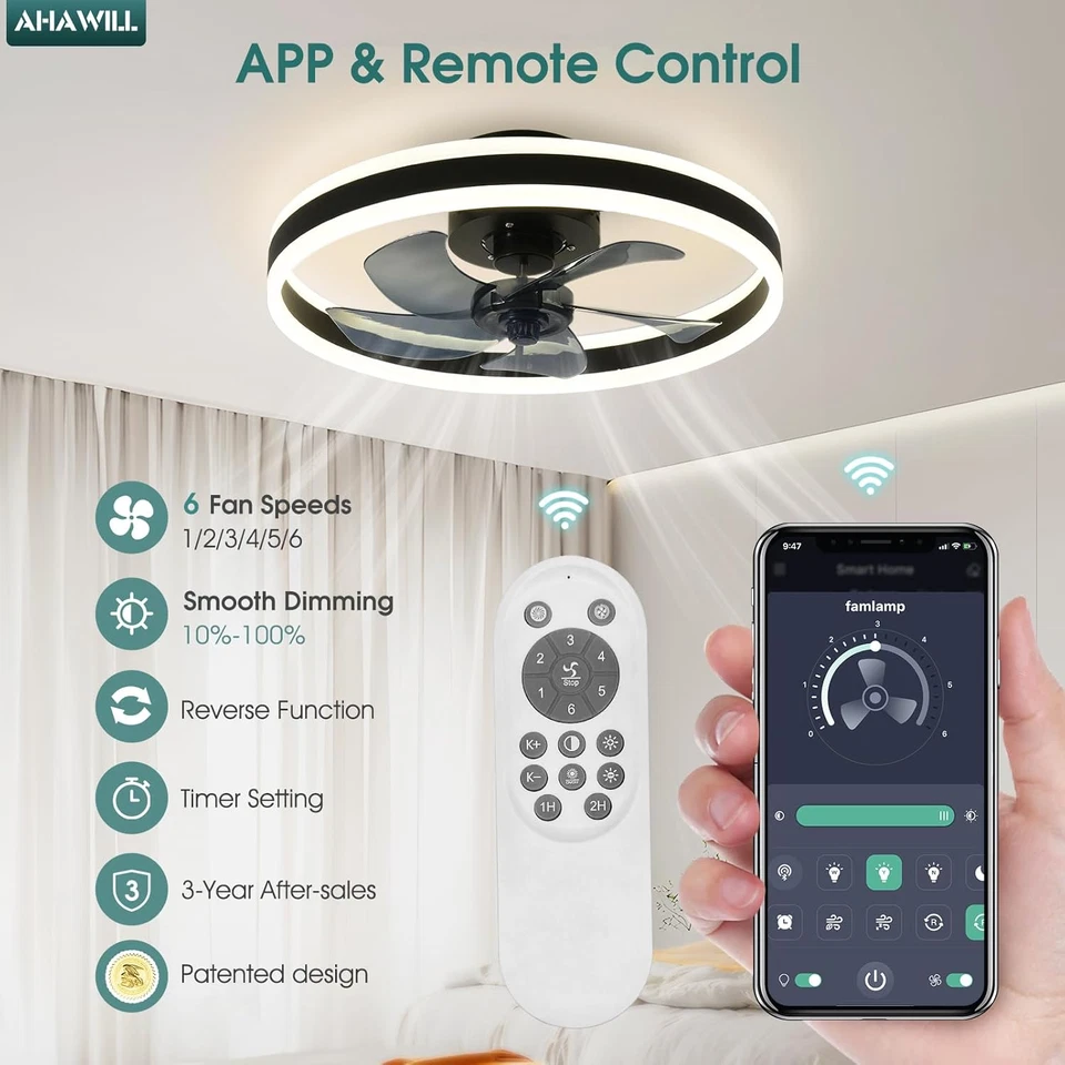 Ventiladores de techo Fandelier con luces y control remoto, perfil bajo de 19.7  - Image 2 of 4