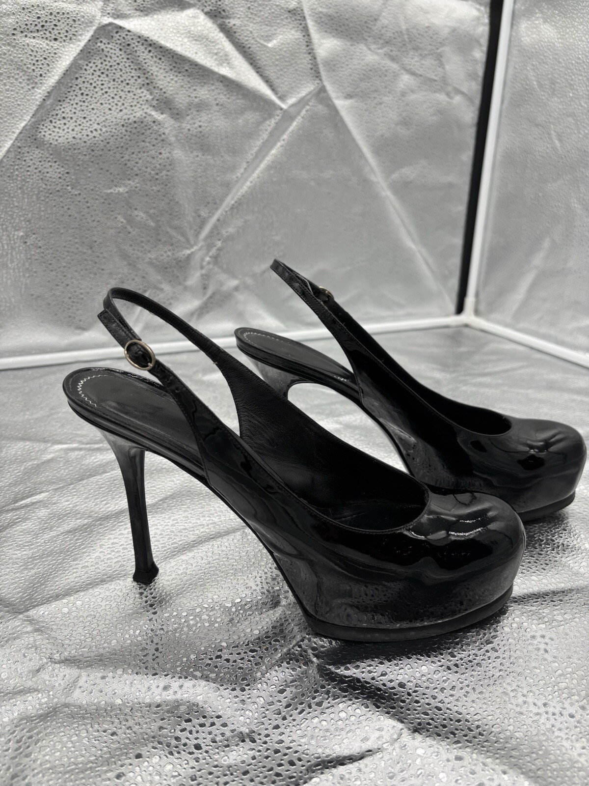 YSL Yves Saint Laurent Tribtoo Platfrom Slingback vernice pelle nera pompa taglia 40