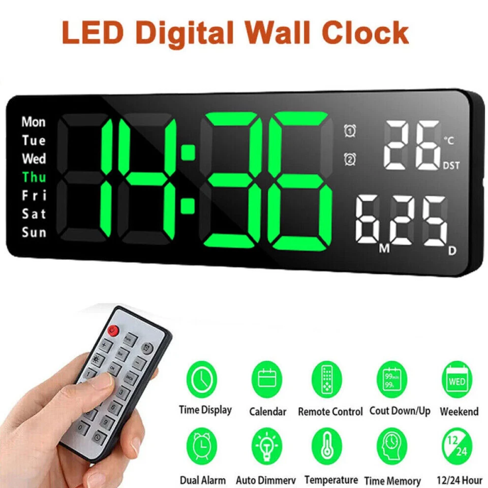 13" Large LED Digital Wall Clock Temperature Date Display Alarm Clock Countdown - Image 3 of 4