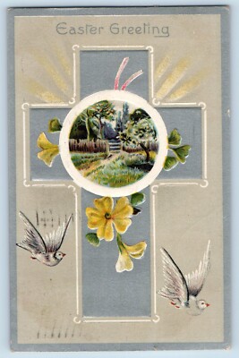 Easter Postcard Greetings Holy Cross And Flowers Winsch Back Laconia NH 1910