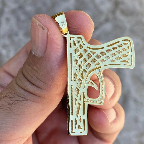 14k Gold Plated 925 Sterling Silver Gun Pendant Nine Pistol CZ Iced Flooded Out - Picture 3 of 5