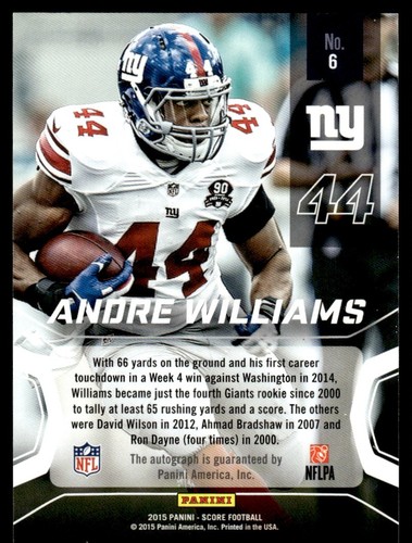 2015 Score Signatures Andre Williams Auto New York Giants #6 - Picture 2 of 2