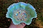 ANTIQUE NORTHWOOD THREE FRUITS MEDALLION CARNIVAL GLASS STIPPLED BOWL- AQUA OPAL