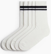 H&M Socks Mens Size 7-9 5 Pack Sport Crew White Black Stripes 5 Pairs Lycra HM