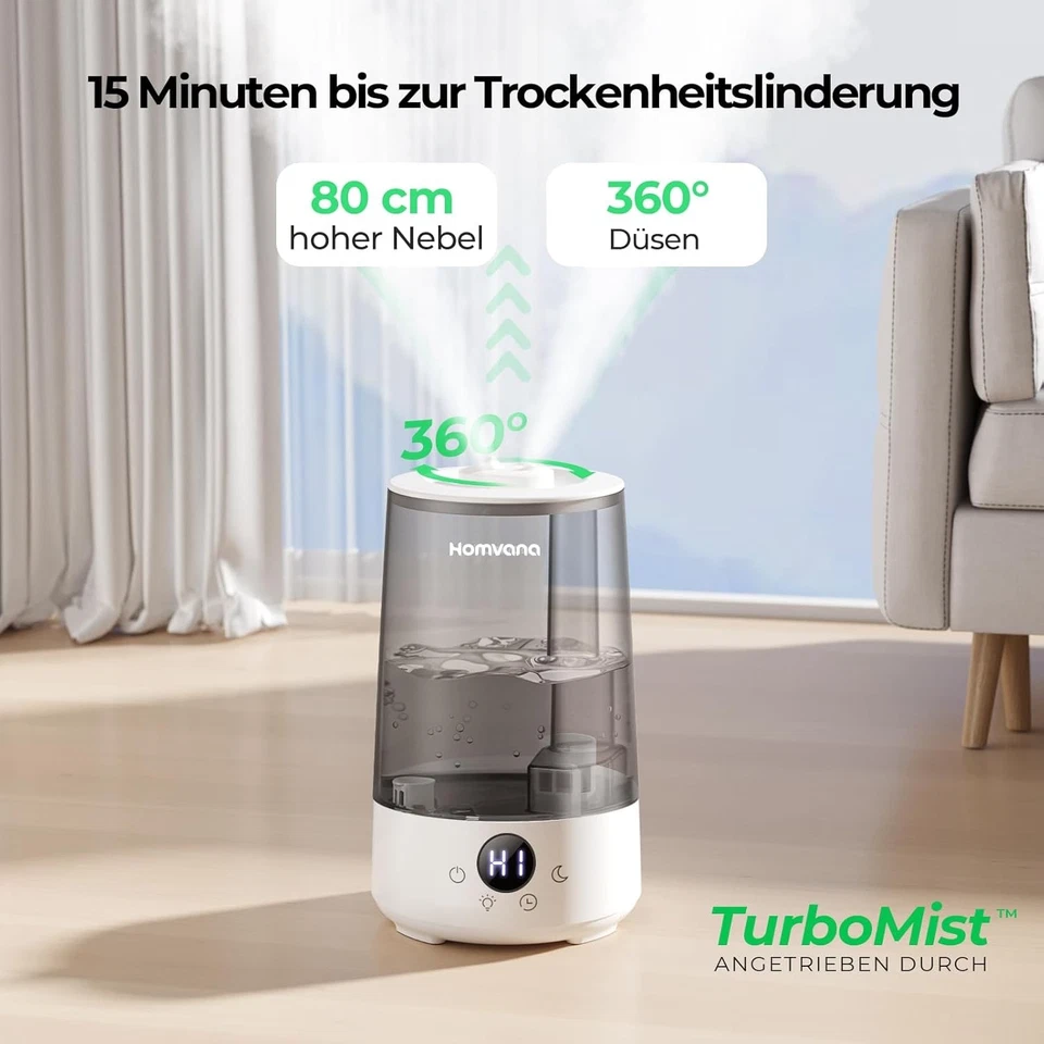 Homvana Luftbefeuchter 3,6L 360° Cool Mist 34H leise 16dB klein für Kinderzimmer - Bild 2 von 4