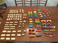 Vintage Wooden Toy Blocks   Mixed Lot of 148   74 Colored  74 Natural  Assorted