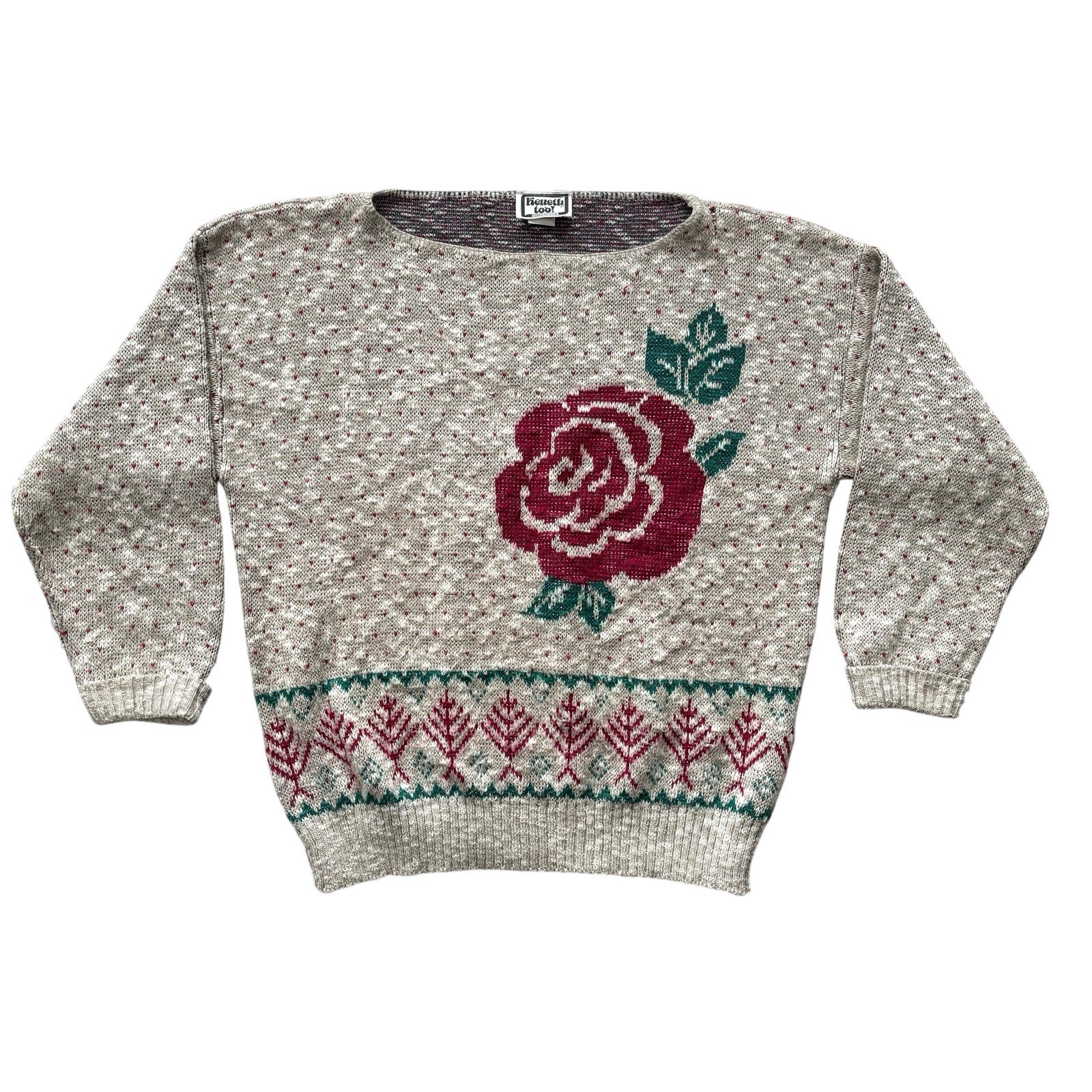 Womens Vintage 80s Jumper Beige Patterned Floral USA Retro Indie Boho 14 image 2