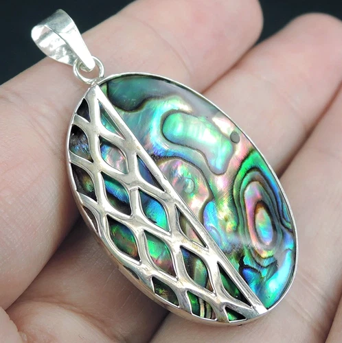925 Sterling Silver Oval Shaped Natural Paua Abalone Shell Pendant, PASP-311