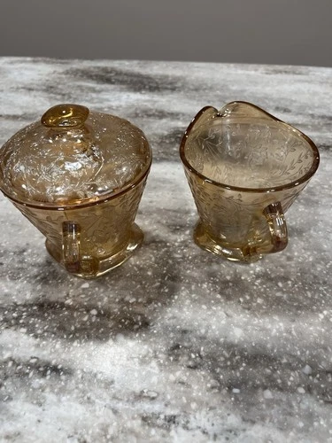 VTG Jeanette Glass Iridescent Floragold Louisa Sugar & Creamer Set