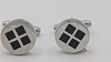 Silver Tone Cufflinks – Round Design with Black Diamond Inlay