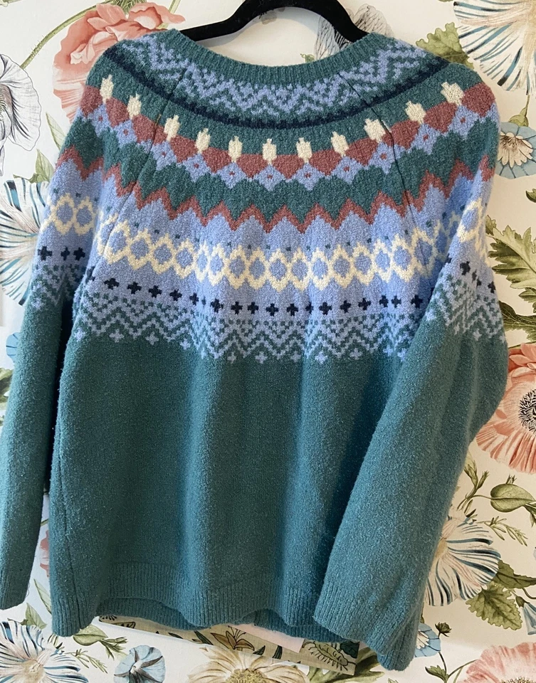 Cárdigan Suéter Coldwater Creek Fair Isle Talla M Verde Tejido Manga Larga Nórdico Foto 2 de 4
