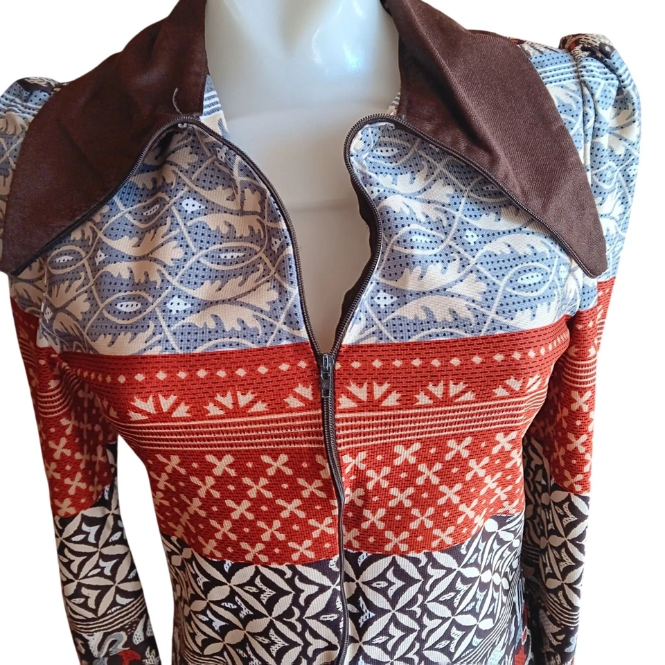Vintage Small Scandinavian Top 1OF1 Print Zip-Up 1970's Boho Big Collar Handmade - Image 3 of 4
