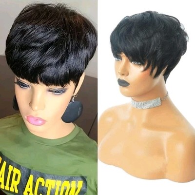 Pixie Cut Wig - Human Hair Short Black Layered Wavy Wigs for Women