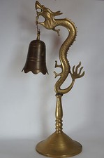 Vintage Chinese Asian Brass Bronze Ornate Dragon Statue Gong Bell on Stand 19