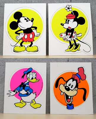 4 Vintage Disney Stickers Mickey Minnie Pluto Donald Duck 3-5/8''x 4-1/2''
