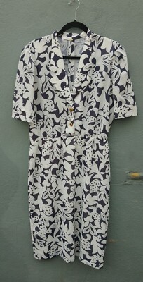 Vintage 50er Jahre Stil 90 Tee Kleid Damen Größe 14 16 weiß blau S/Ärmel Kragen  
