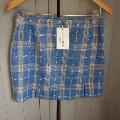 In The Style Blue Check Skirt Sz 12 Beige White Mini New
