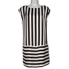 $90 MNG COLLECTION Black White Stripe Print Sleeveless Shift Mini Dress 8 M NWT
