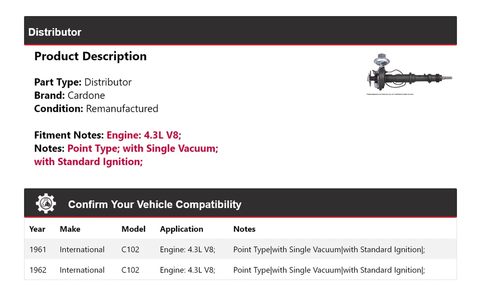For 1961-1962 International C102 4.3L V8 Distributor Cardone - Image 2 of 4