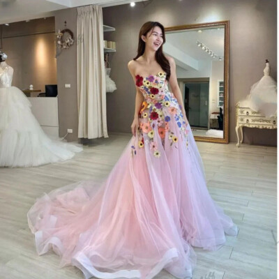 Pink Tulle Wedding Dreses With Flower Embroidered A-line Bridal Gowns Train | eBay Pink Tulle Wedding Dreses With Flower Embroidered A-line Bridal Gowns Train | eBay