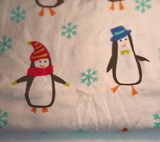 Queen Size Flannel Sheets Penguins in the Snow with hats and scarves snowflakes