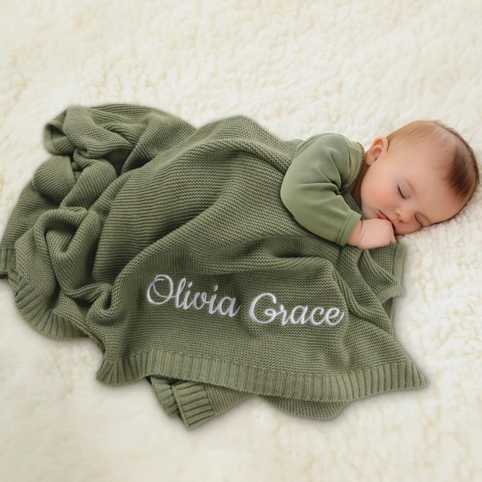 Manta de bebé personalizada con nombre bordada tejida manta para cochecito de bebé Foto 2 de 4