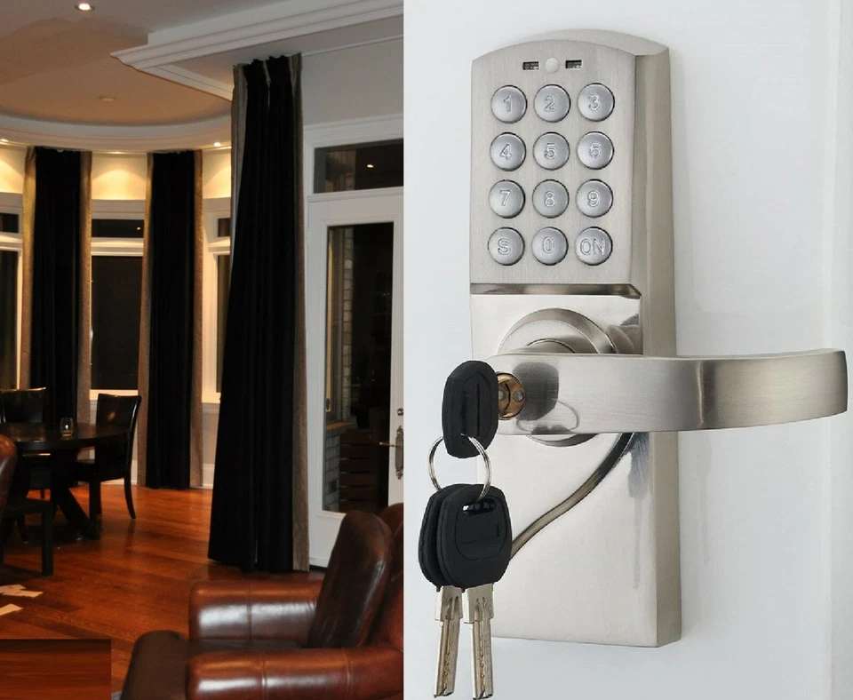 Cerradura de puerta de casa KeyPad: resistente a la intemperie, funciona con pilas, contraseña, para diestros Foto 2 de 4