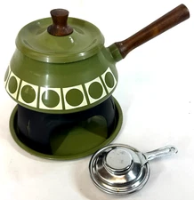 Vintage JAPAN Imperial Avocado Green MCM Enamelware Wood Fondue Set NO FORKS