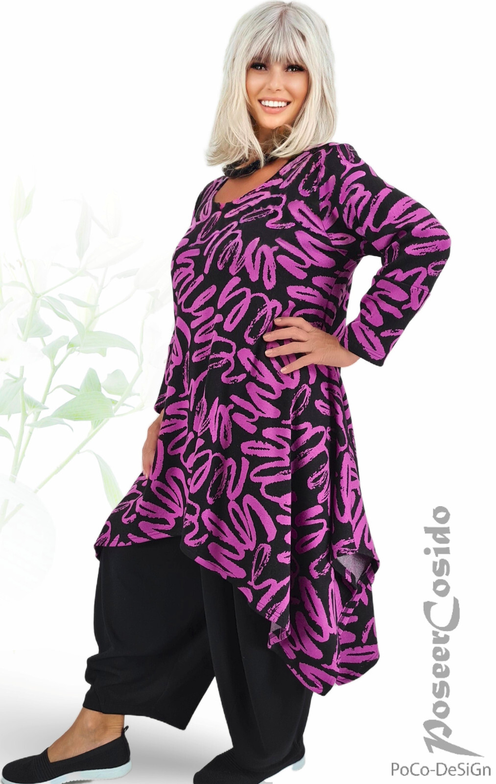 LAGENLOOK Pullover-Strick-Kleid schwarz cyclam 44 46 48 50 52 54 56 58 XL XXL