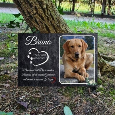 Personalisierter Tiergrabstein für Hunde aus Alu-Dibond in Schiefer-Optik