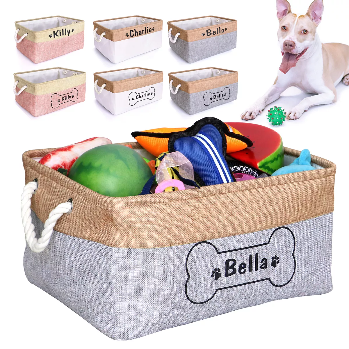 Canvas Pet Toy Box Storage Organizer, Dog Toy Storage Bin, Grey