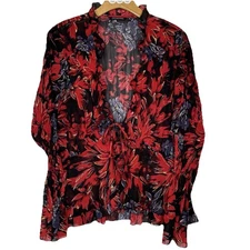 Vtg Notations Blouse XL Red Black Crinkle Sheer Tie Front Y2K Dark Fairy Boho