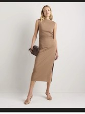 Quince Women's Stretch Cotton Jersey Square Neck Ruched Midi Dress Mocha M NWT!