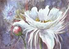 Original Painting peony still life white flower abstract Watercolor A4