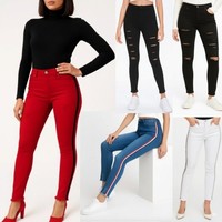 Ladies Jeans Denim Womens Stretch Leg High Waist Distressed Skinny Pants Size