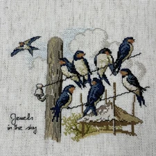 Birds Swallows Cross Stitch Handmade Completed Unframed Birds On Wire