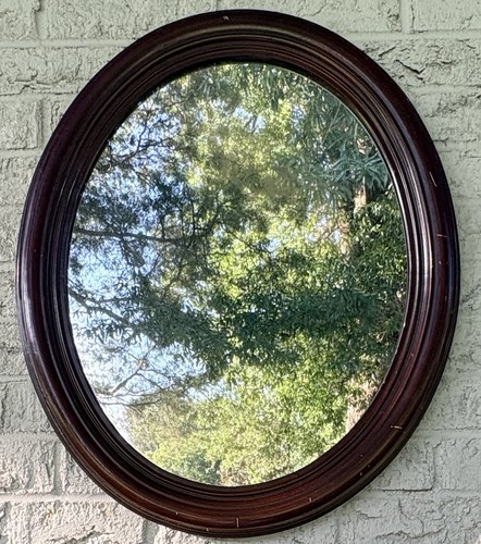 Vintage Oval Wall Mirror - Dark Wood Frame With Beautiful Antique Patina Glass