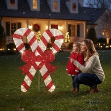 Home Accents 5ft Candy Canes Twinkling LED Icicle Shimmer Red Bow