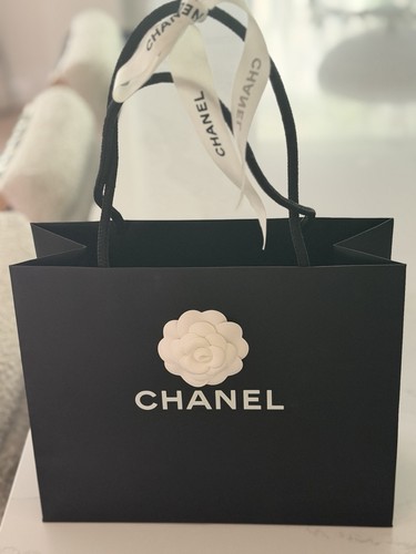 Authentic CHANEL Black Paper Gift Shopping Bag White Camellia & Logo Ribbon