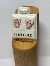 14K Yellow Gold Pink Enamel Cartoon Character Stud Earrings Butterfly Back