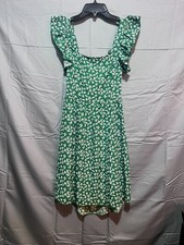 Shein Green & White Floral Print Flowy Dress Ruffled Sleeves Women's Medium Sz 6